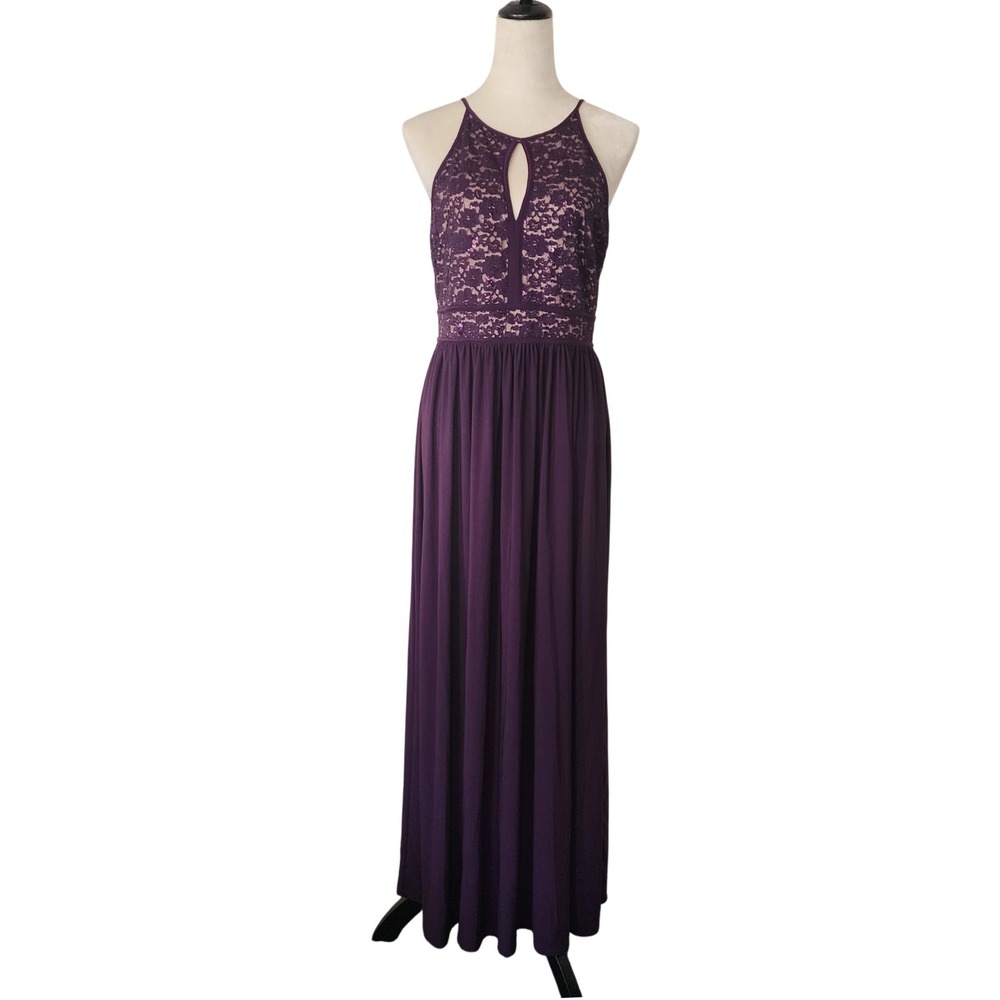 Plum Purple Lace Sequin Halter Maxi Dress Keyhole Formal Gown Evening Wear